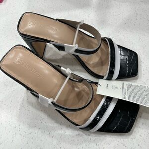 The Drop Black and White Croc-Embossed Heels